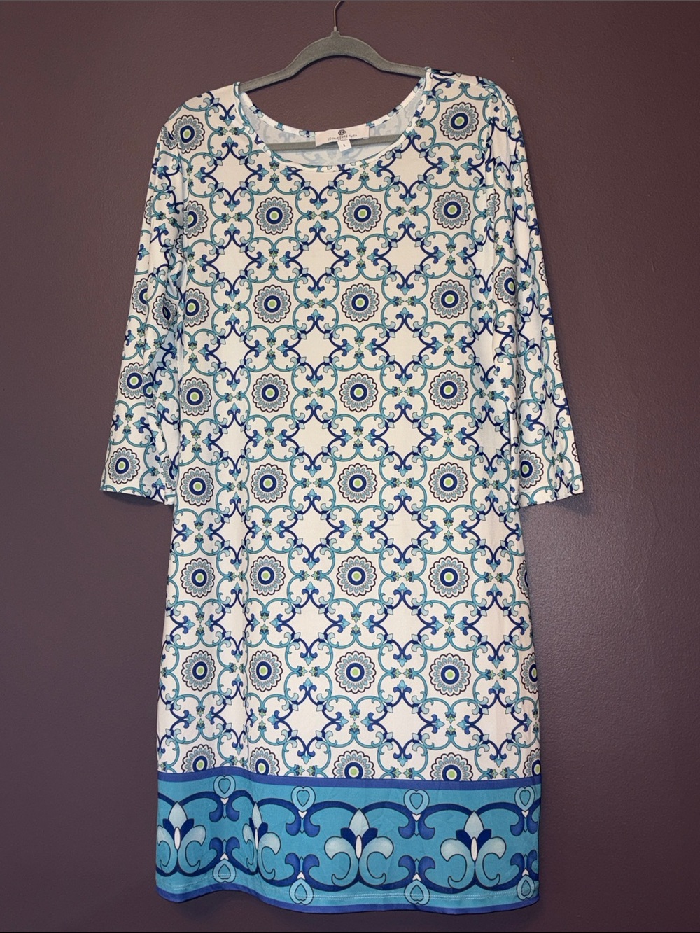 Jean-Pierre Klifa Paris Blue & White Patterned Shift Dress Large NWOT